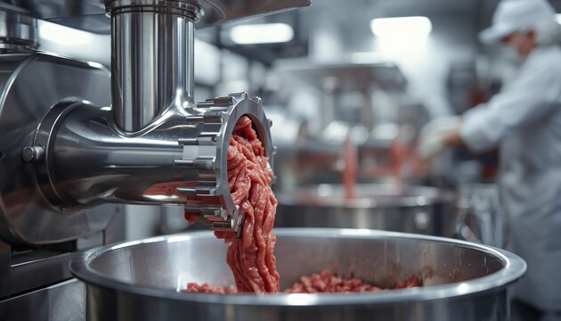 Industrial meat grinder processing fresh raw beef into ground meat inside a clean food production facility