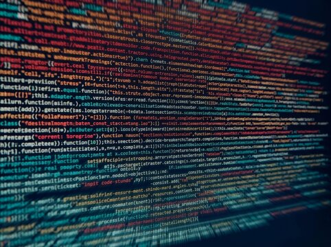 Lines of multicolored programming code displayed on a dark background. Perfect for tech, coding, or software themes.