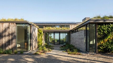 Fototapeta premium Modern eco friendly house with a sustainable green roof and vertical plant gardens under a clear blue sky