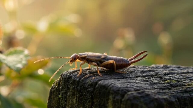 earwig in european garden habitat close up at morning light video