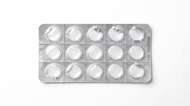 Silver blister pack with round white tablets, pharmaceutical medicine packaging isolated on white background, top view close up