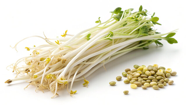 Fresh Mung Bean Sprouts with Natural Texture on White Background