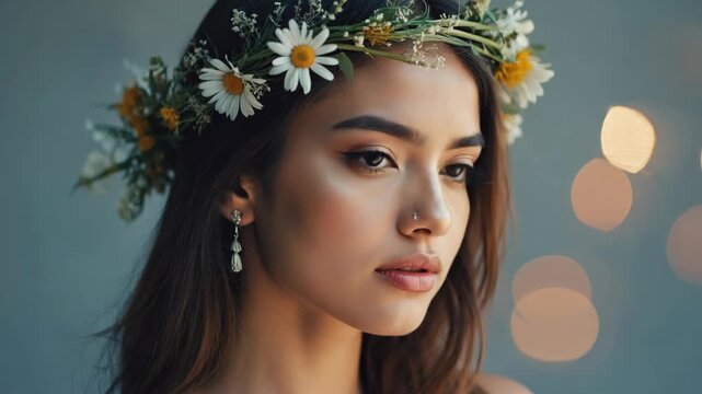 Young woman wearing a flower crown, gazing to the side with a soft smile.