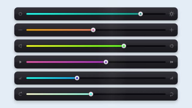 Modern UI slider bars with colorful progress indicators, dark mode interface control elements, sleek dashboard adjustment toggles for software apps
