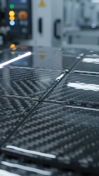 Automated Robotic Arm Moving Along a Carbon Fiber Conveyor Belt with Illuminated Lights. Industrial Automation and Manufacturing Process.
