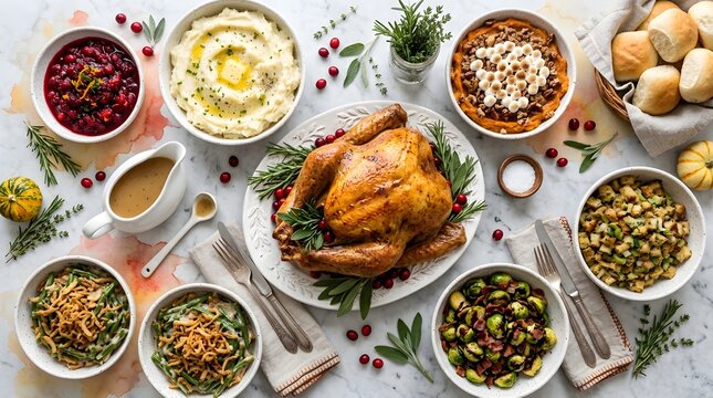 A bountiful thanksgiving feast a delicious spread featuring roasted turkey creamy mashed potatoes vibrant sides and warm gravy for a memorable holiday