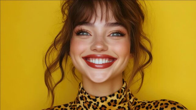 A cheerful woman with brown hair and red lipstick, wearing a leopard print top and smiling at the camera.