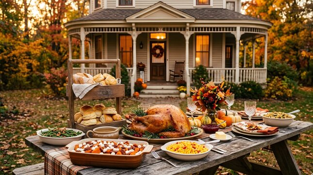 A picturesque thanksgiving feast unfolds outdoors showcasing a beautifully decorated home and a bountiful spread of autumnal delights creating a warm and