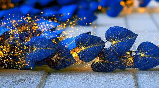 Luxury Floral Background Blue and gold leaf decoration on white background. Celebratory still life with glowing particulates and nature accents. Elegant gold dust and blue foliage design for