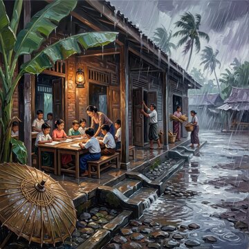 Students learning indoors during a rainstorm emphasizing community resilience