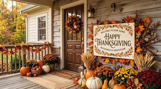 A warm and welcoming thanksgiving porch display celebrating gratitude family and the autumn harvest with festive decorations and a cozy atmosphere