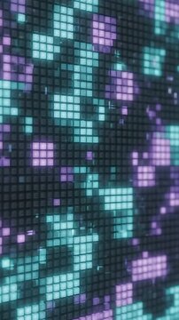 Abstract Pixel Grid Animation with Shifting Turquoise and Purple Blocks, Creating a Dynamic Digital Display Effect.