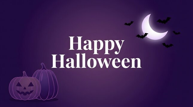 A festive purple background design featuring a crescent moon and carved pumpkins wishing everyone a happy halloween