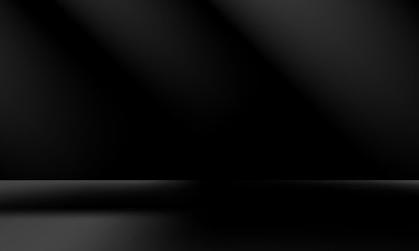 Limbo black background. Abstract dark gradient backdrop. Color wall of studio, room, stand for product display or photo. Modern banner with empty place for advertising text. Vector illustration.