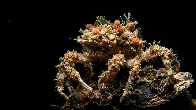 decorator crab isolated on black background underwater close up video