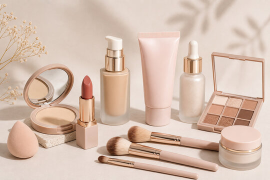 Assortment of cosmetic makeup products arranged with decorative elements