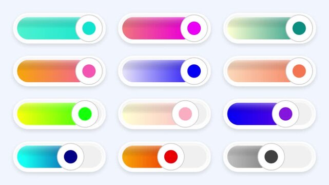 Neumorphic toggle switch collection, set of 12 colorful gradient slider buttons for UI design, modern mobile app interface control elements