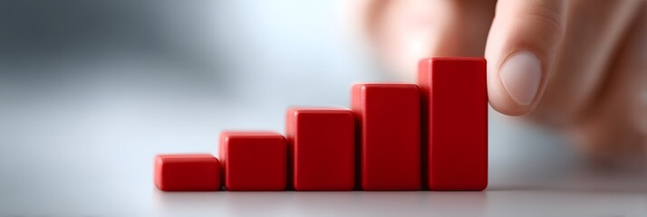 Hand placing red blocks to form an upward trend graph