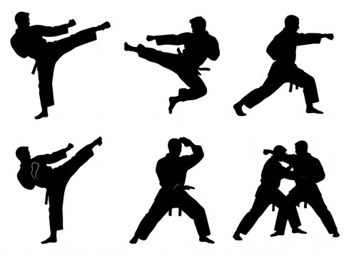Martial arts silhouettes collection featuring karate and taekwondo fighters in action poses like high kicks and jumping strikes, perfect for sports competition graphics and gym posters design.