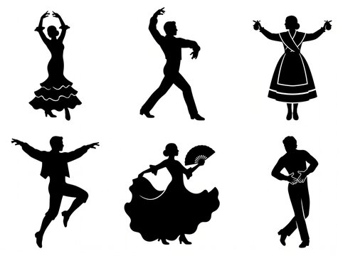 Spanish Flamenco Dancers Silhouette Collection with Traditional Male and Female Performers in Elegant Poses; Graphic Vector Illustration featuring Ruffled Dresses, Fans, and Castanets for Art.