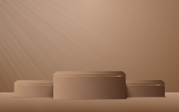 Multi-tiered brown podium with elegant gold line for product presentation. Display of cosmetic products. Stage or podium. vector illustration