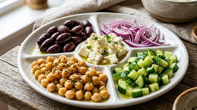 A divided plate filled with chickpeas, olives, feta cheese, red onion, and cucumber.