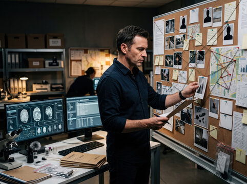 Detective analyzing criminal evidence board in dark office with computer monitors