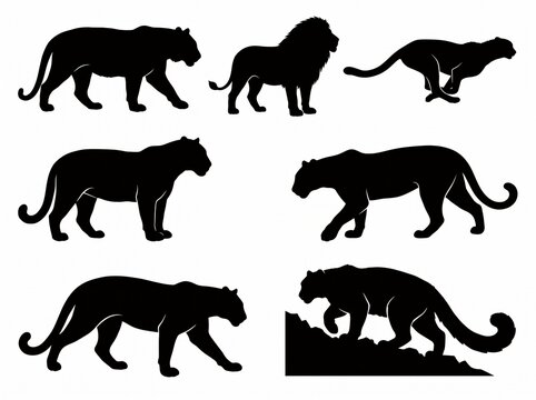 Collection of wild big cat silhouettes including male lion, walking tiger, running cheetah, stalking leopard, black panther, cougar and snow leopard on rocks. African safari animal vector set.