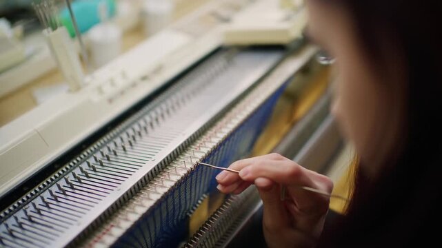 Woman carefully operating knitting machine for crafting handmade textile fabric in workshop.