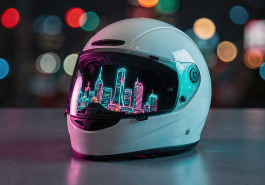 White motorcycle helmet with neon city skyline reflection on visor