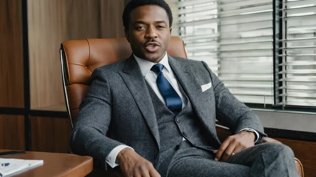 The captures a moment of quiet reflection for a man in a formal suit, sitting in a stylish leather office chair. The backdrop is a window, hinting at a professional setting.