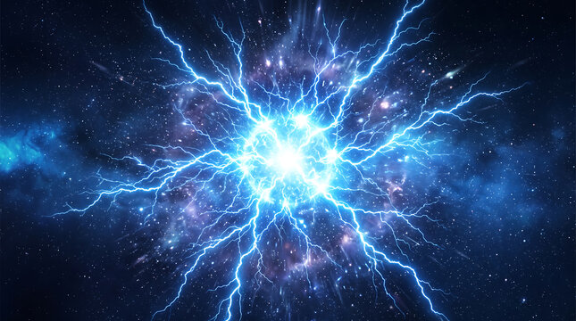 Intense blue electrical lightning bolts radiating outward from a glowing central core with extreme luminous energy