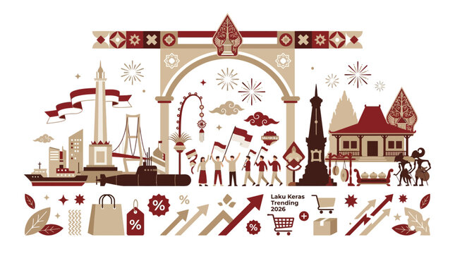 Indonesian cultural landmarks and traditional heritage icons illustration