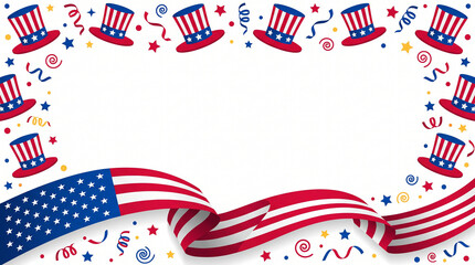 Obraz premium Patriotic American background with red white and blue flag ribbon and Uncle Sam hats celebrating United States national holidays and Independence Day theme generative ai