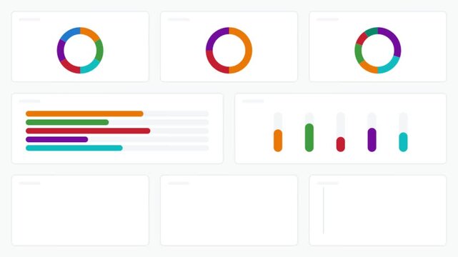 Colorful pie charts and data placeholders on clean white interface design