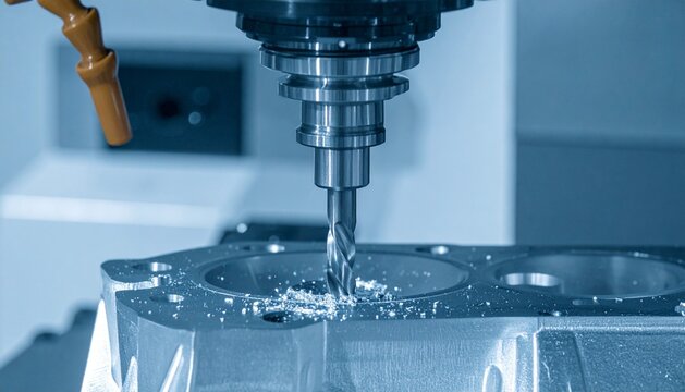 3 axis machining center cuts the engine cylinder block with a solid ball-end mill