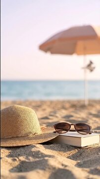 Hat and book on beach