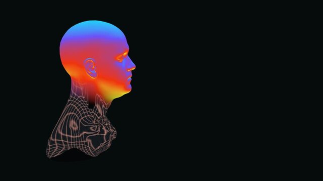 Luminous wireframe grid outlines a human bust on an empty dark void in a minimal 3D animation designed for tech presentations and atmospheric soundscapes