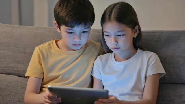 Young boy and girl sitting on couch sharing technology use.