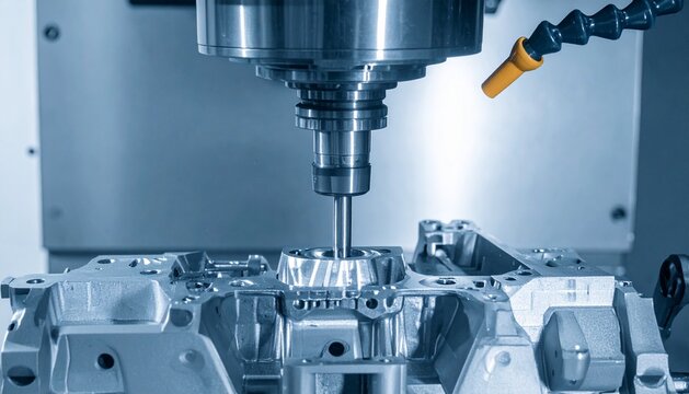 3 axis machining center cuts the engine cylinder block with a solid ball-end mill