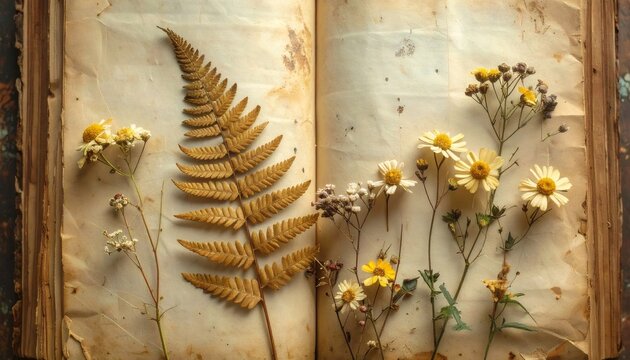 Vintage open book with pressed fern and wildflowers