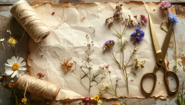Creating a herbarium with dried flowers and vintage paper