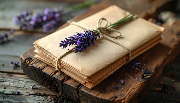 Vintage letters tied with twine and lavender on wood