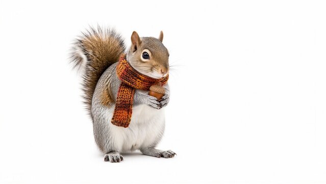 Cute gray squirrel wearing a knitted orange scarf holding an acorn on white background