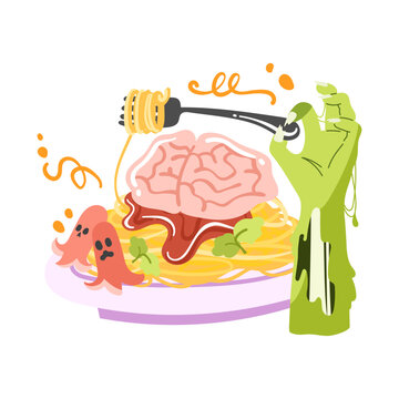 Spooky halloween zombie hand eating brain spaghetti pasta with sausage ghosts