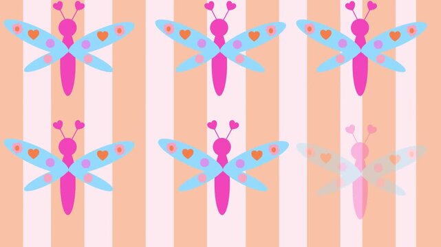 Animated Seamless Pattern of Cute Dragonflies with Hearts on Striped Background