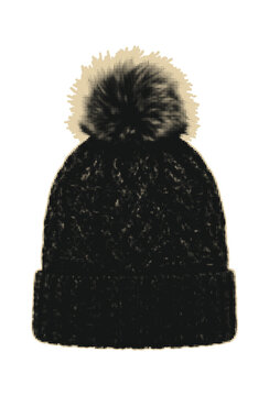 A retro-style vector graphic depicts a knitted beanie with a prominent pompom, rendered in a distinctive halftone dot pattern