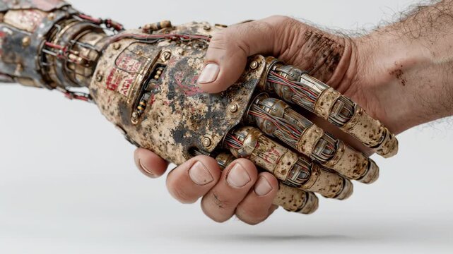 Man's dirty hand shaking a weathered, rusty robotic arm, symbolizing collaboration between humanity and technology or a dystopian future, isolated on a stark white background for conceptual focus