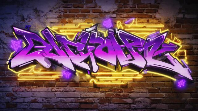 The showcases a vibrant graffiti mural on a brick wall, with a purple and neon yellow design that captures the essence of street art culture.
