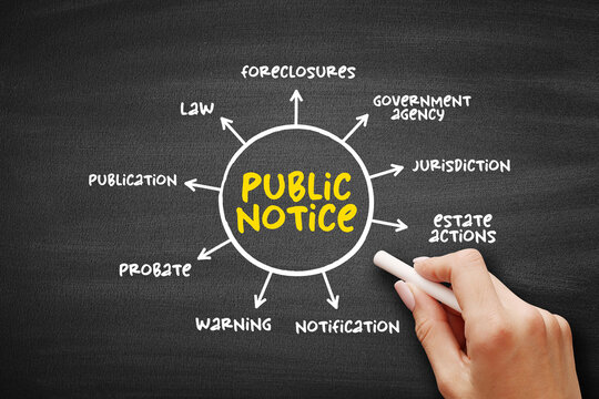Public notice concept diagram showing public notice with related legal terms including foreclosures, law, government agency, jurisdiction, estate actions, notification, warning, probate